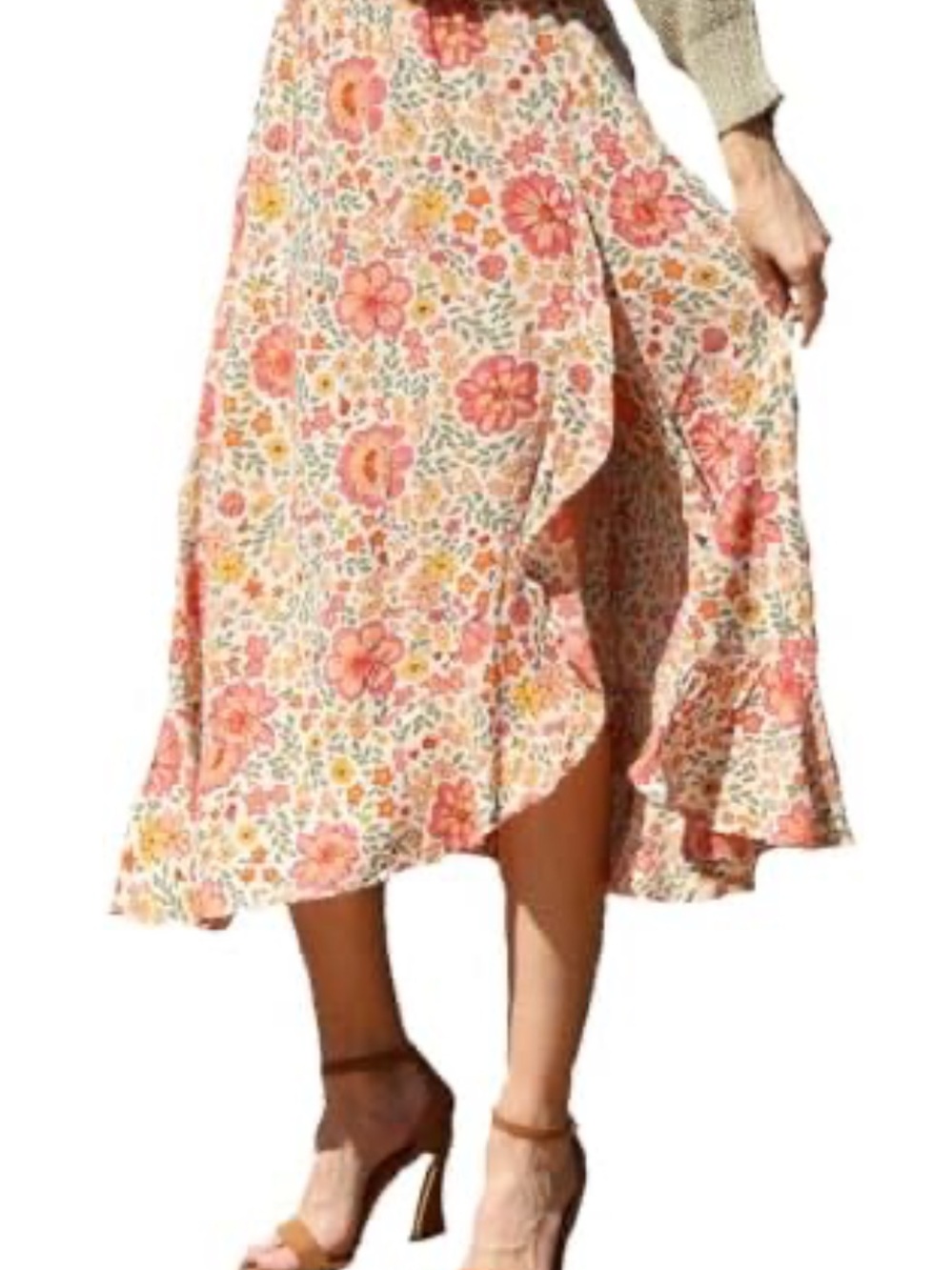 Angie country garden midi ruffle trim asymmetrical slit floral skirt. Medium